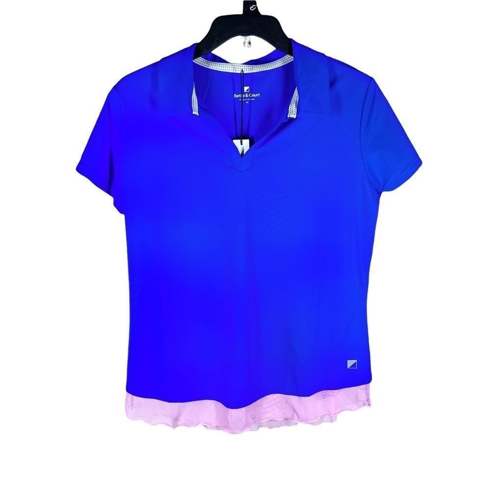 BETTE & Court Womens Sz M Blue Top Chiffon Hem Trim NWT